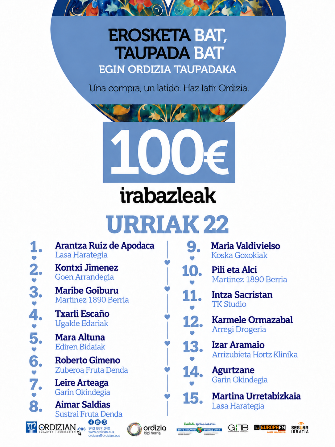 Cartel de ganadores con corazones azules
