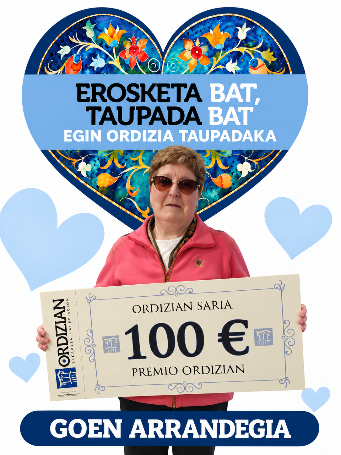 Ganador con cheque frente a corazón floral