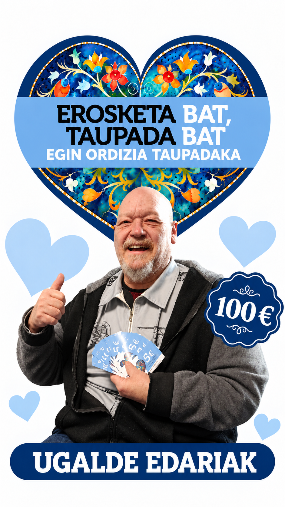 Ganador sonriente con vales y corazón azul