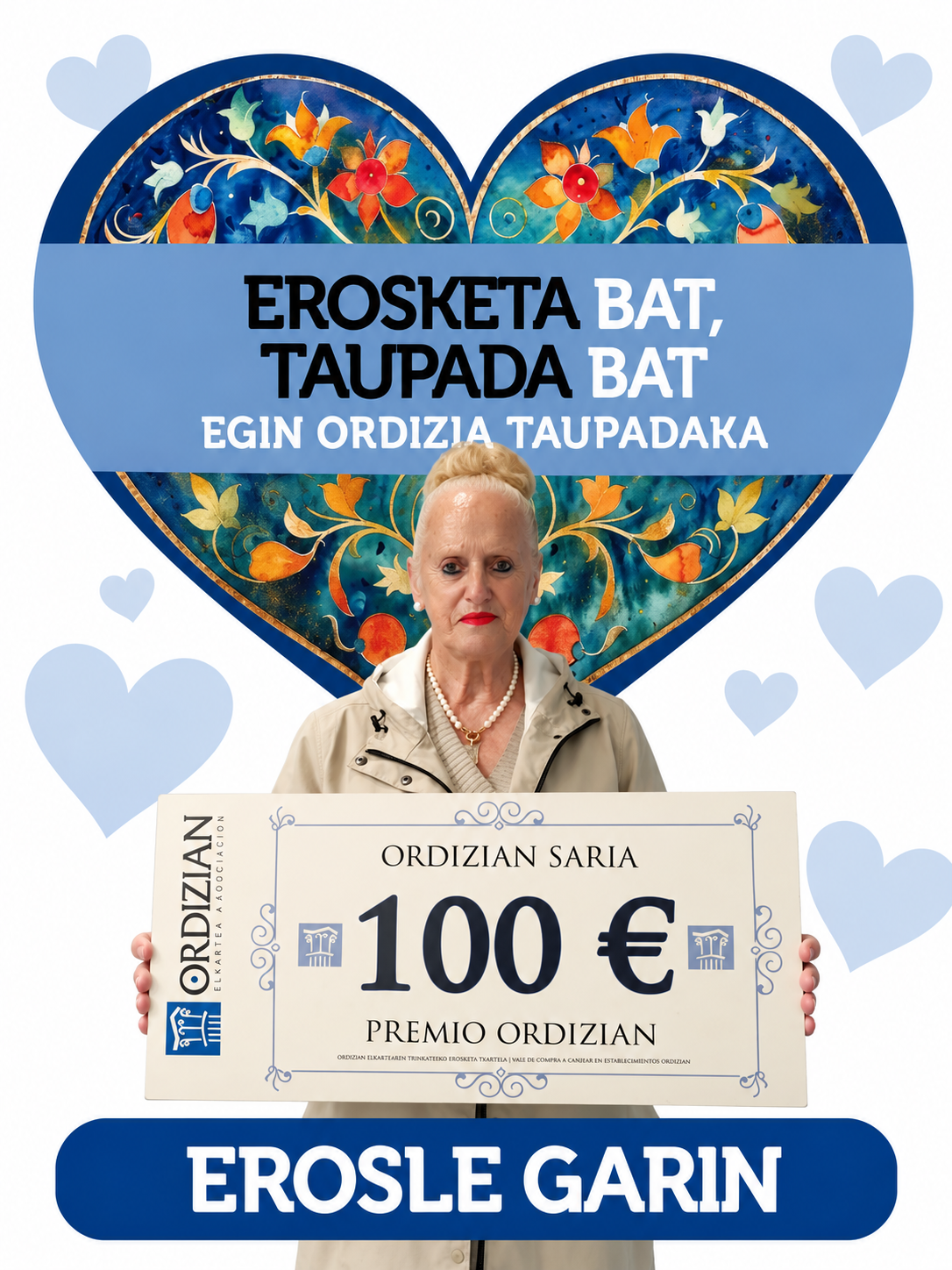 Ganadora con cheque y corazón azul